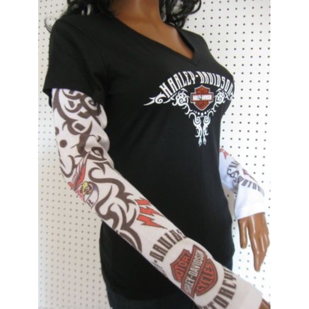 Vintage Harley Davidson Black Thermal Shirt Angel Wings Tattoos Ornate Design L